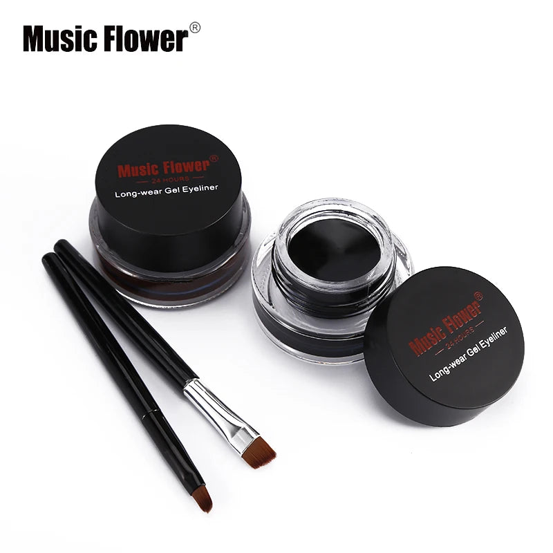 Music Flower 2 In 1 Brown + Black Eyeliner Gel Make Up Water-proof Eye Liner Kit Eye Makeup Tool With Brush 24H Long Lasting