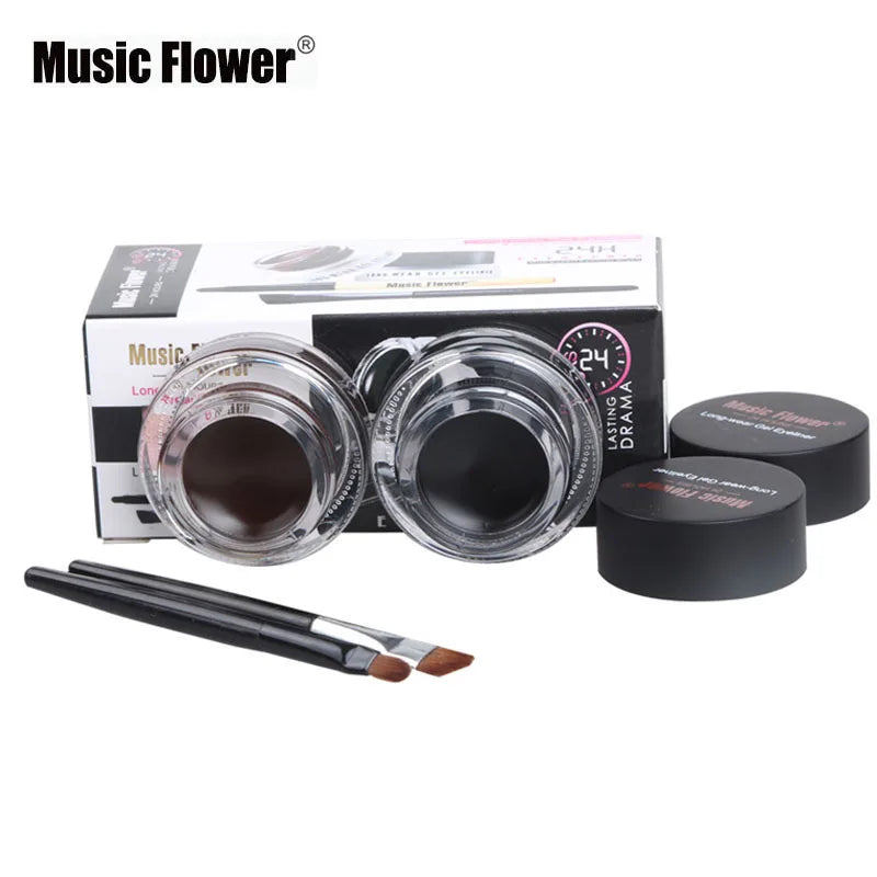 Music Flower 2 In 1 Brown + Black Eyeliner Gel Make Up Water-proof Eye Liner Kit Eye Makeup Tool With Brush 24H Long Lasting