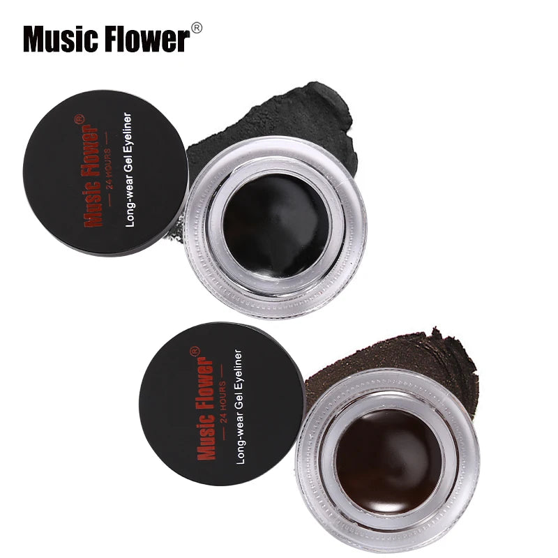 Music Flower 2 In 1 Brown + Black Eyeliner Gel Make Up Water-proof Eye Liner Kit Eye Makeup Tool With Brush 24H Long Lasting