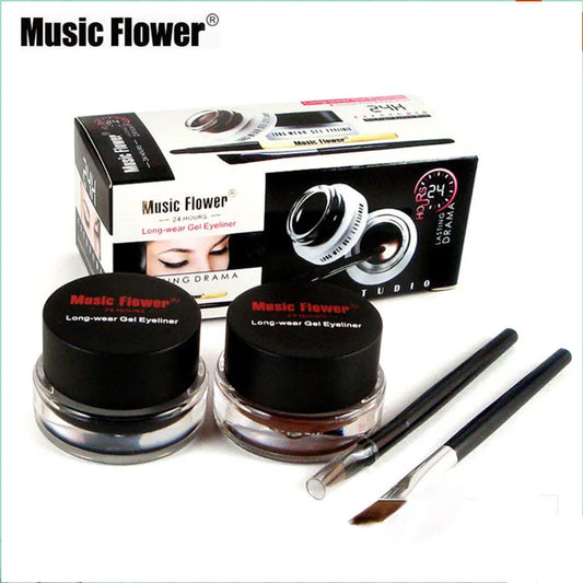 Music Flower 2 In 1 Brown + Black Eyeliner Gel Make Up Water-proof Eye Liner Kit Eye Makeup Tool With Brush 24H Long Lasting