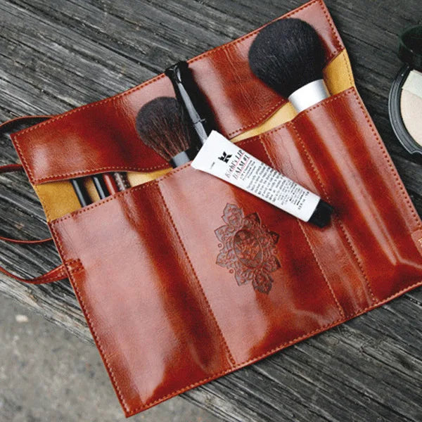 Vintage Retro Luxury Roll Leather Make Up Cosmetic Pen Pencil Case Pouch Purse Bag for School