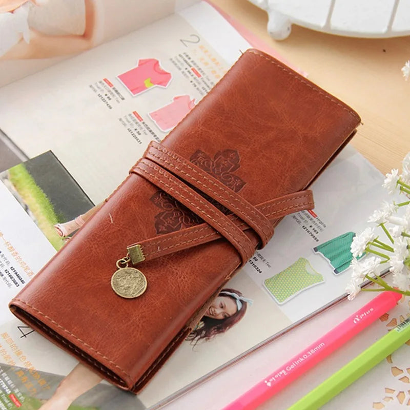 Vintage Retro Luxury Roll Leather Make Up Cosmetic Pen Pencil Case Pouch Purse Bag for School