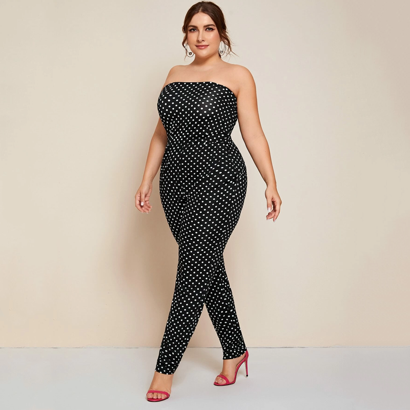 Plus Size Polka Dot Pocket Casual One-Piece Pants Tube Top