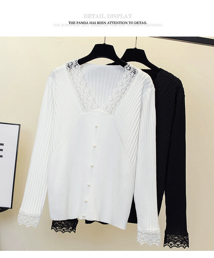 Women's V-neck Lace Long-Sleeved Sweater for Plump Girls