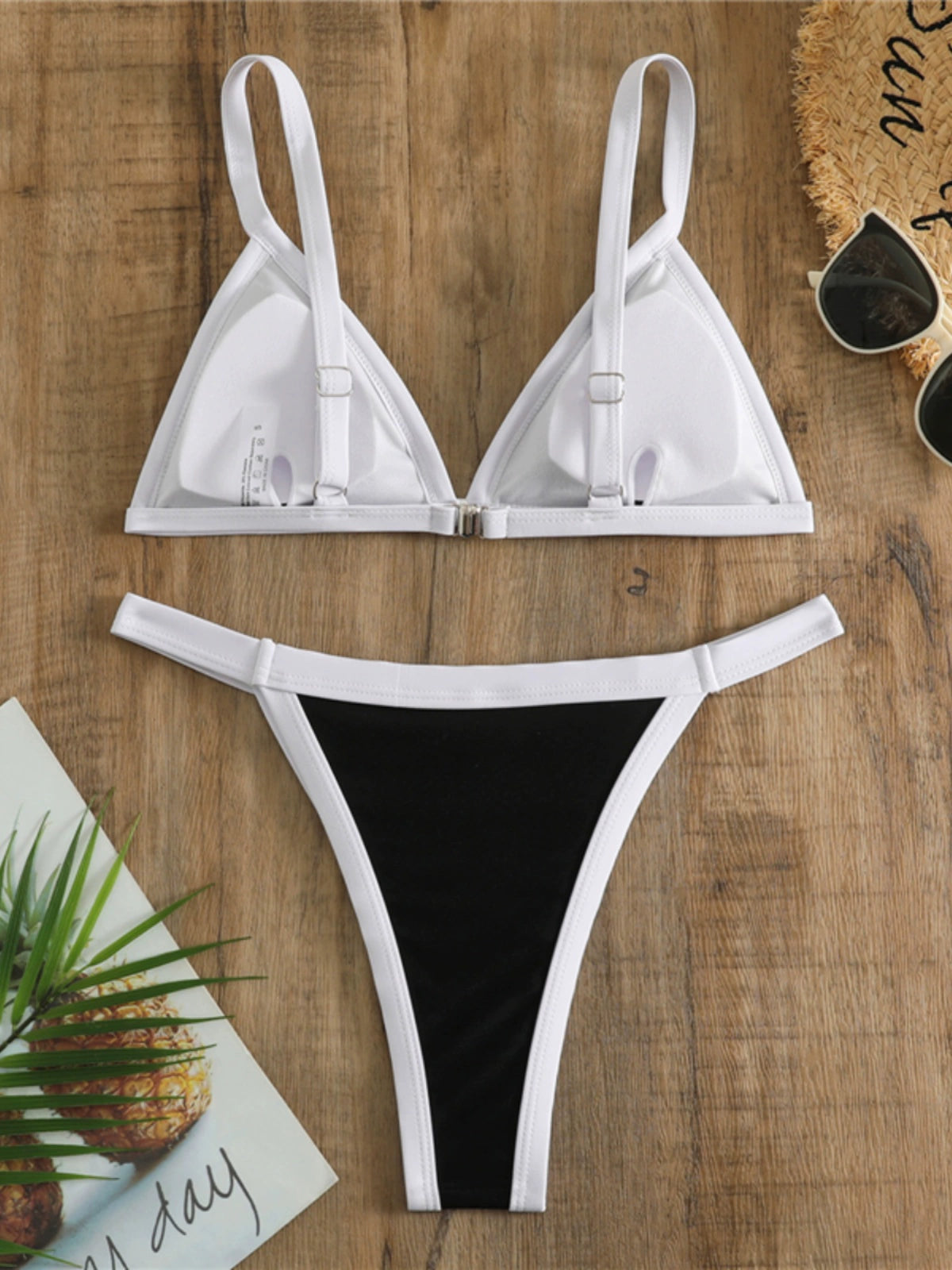 Swimsuit Sexy Triangle Bikini Black with White Edge Fashion Style Small Chest Bikini Retro with Chest Pad Ins Photo