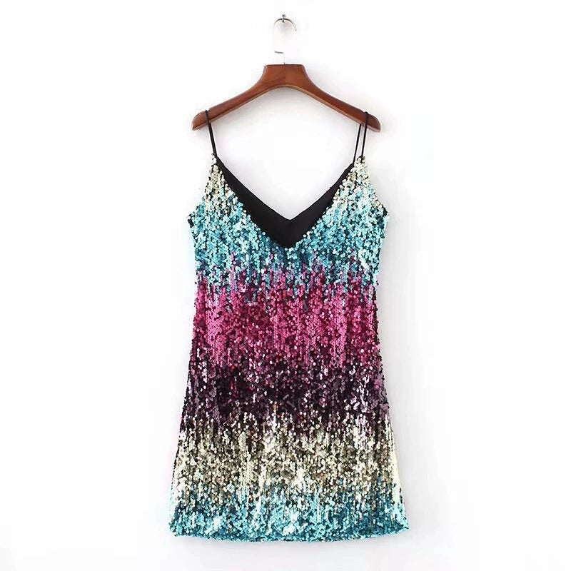 Sleeveless Sexy Sequins V-neck Strap Skirt Dress Sleeveless Sequin V-neck Dress