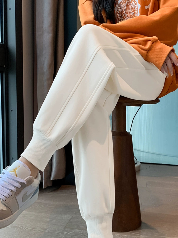 White Spring and Autumn Tappered Slimming Fleece-Lined Track Pants