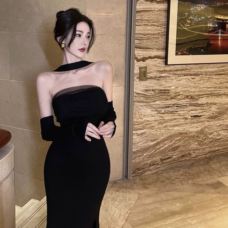 Sexy Black Knitted Mesh Tube Top Dress off-Shoulder Banquet Dress Hip-Wrapped Skirt Pure Inner Wear Midi Dress