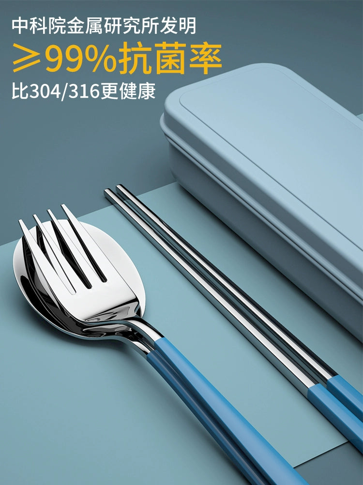 Stainless Steel Fork Chopsticks Spoon Kit Children's Portable Tableware for Primary School Students for One Person Storage Box Three-Piece Set 887