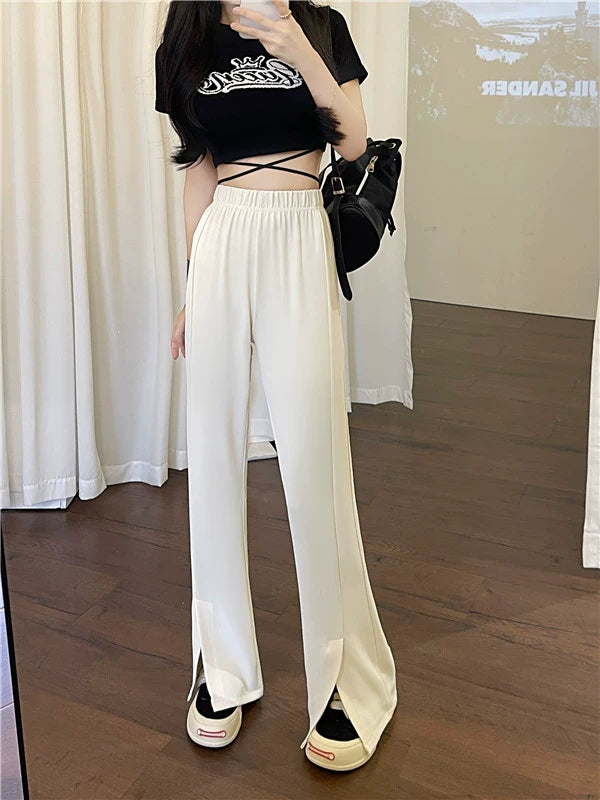 plus Size Women's Clothing Chubby Girl Elastic Waist High Waist Casual Loose Versatile Split Flared Pants