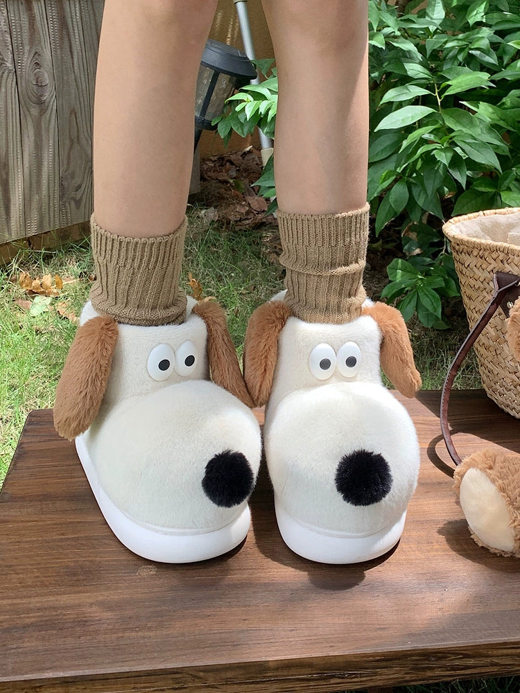 Thin Stripe Fun and Cute Puppy Cotton Shoes Women's Winter Outdoor Wear Home Warm Covered High Heel Cotton Slippers Snow Boots Ins