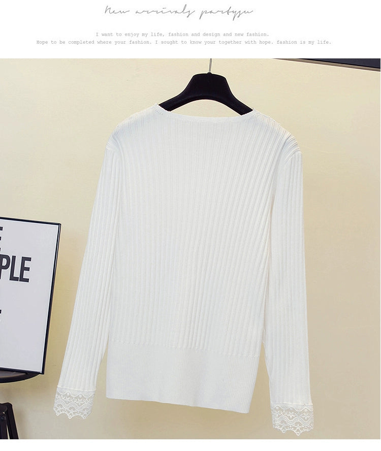 Women's V-neck Lace Long-Sleeved Sweater for Plump Girls