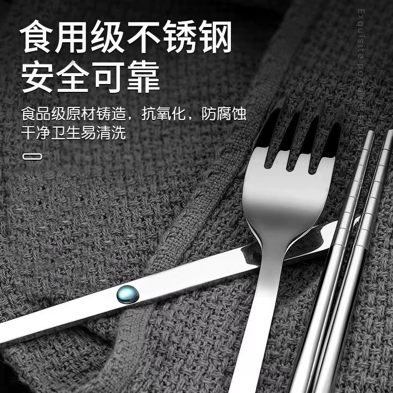 Portable Tableware Food Grade Stainless Steel Chopsticks Spoon Set Student Three-Piece Storage Box One Person Bento