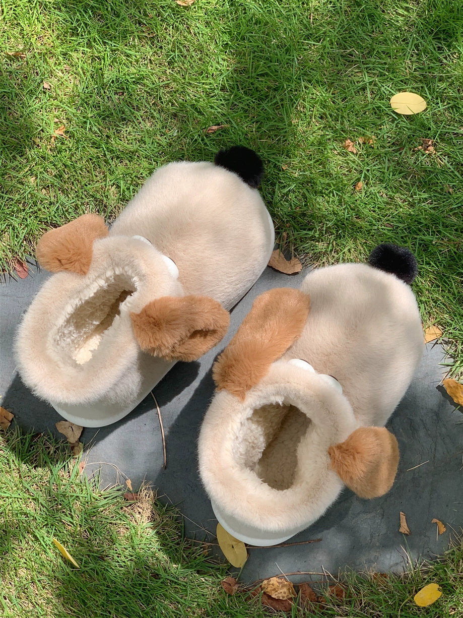 Thin Stripe Fun and Cute Puppy Cotton Shoes Women's Winter Outdoor Wear Home Warm Covered High Heel Cotton Slippers Snow Boots Ins