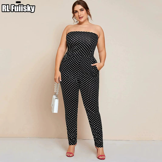 Plus Size Polka Dot Pocket Casual One-Piece Pants Tube Top