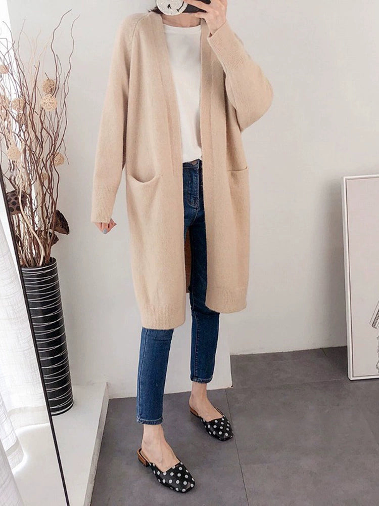 Solid Knit cardigan Women clothes 2023 Spring and Autumn New Mid-Length over-the-Knee Loose Sweater Outerwear Thickened Outdoor