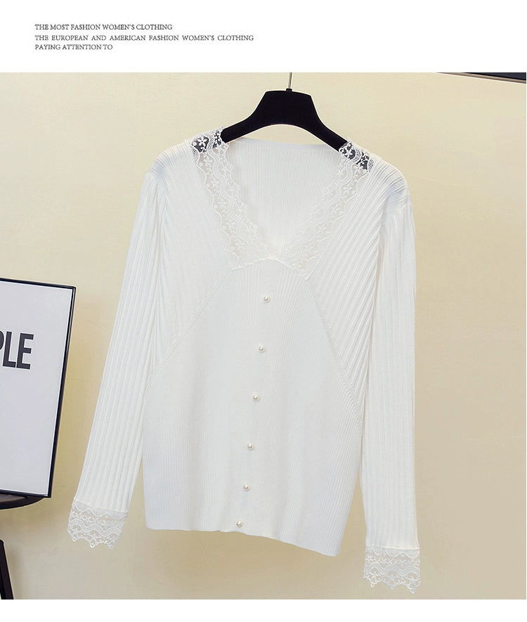 Women's V-neck Lace Long-Sleeved Sweater for Plump Girls