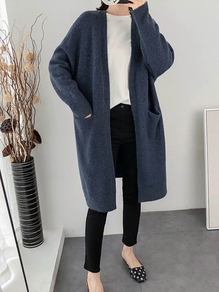 Solid Knit cardigan Women clothes 2023 Spring and Autumn New Mid-Length over-the-Knee Loose Sweater Outerwear Thickened Outdoor