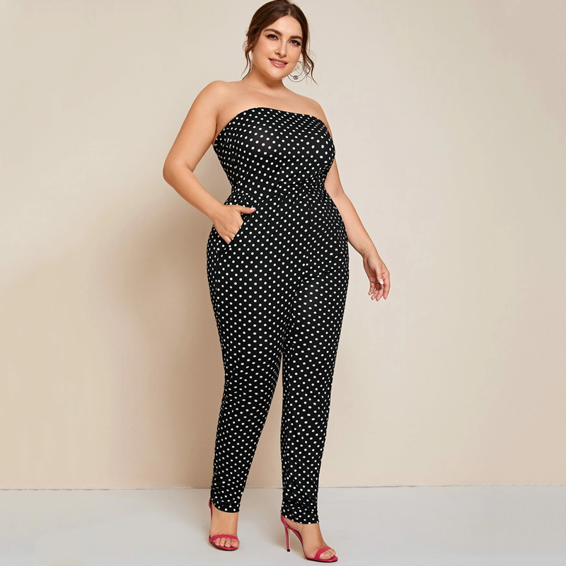 Plus Size Polka Dot Pocket Casual One-Piece Pants Tube Top