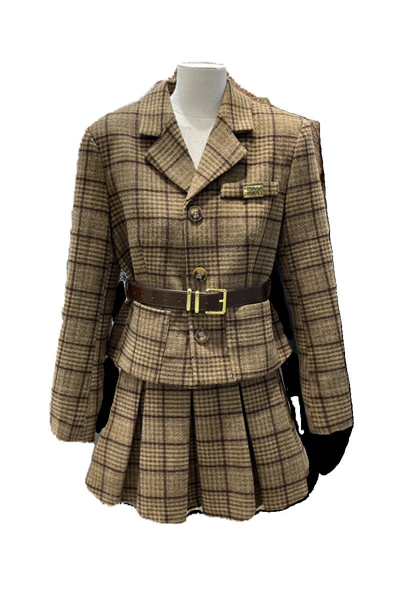 Plaid Woolen Waist-Tight Slim Looking Pleated Skirt Suit Collar