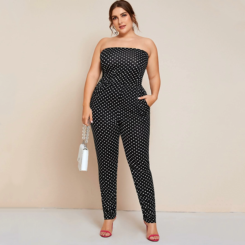 Plus Size Polka Dot Pocket Casual One-Piece Pants Tube Top