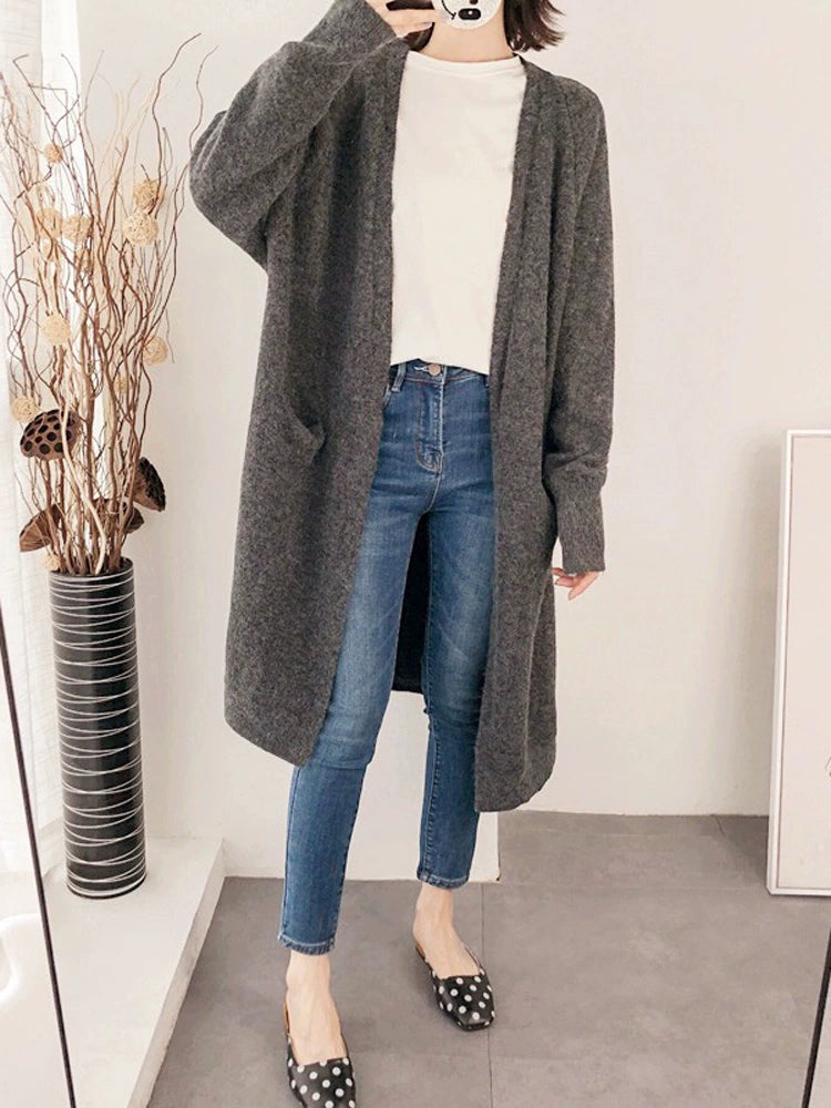 Solid Knit cardigan Women clothes 2023 Spring and Autumn New Mid-Length over-the-Knee Loose Sweater Outerwear Thickened Outdoor