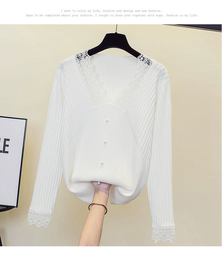 Women's V-neck Lace Long-Sleeved Sweater for Plump Girls