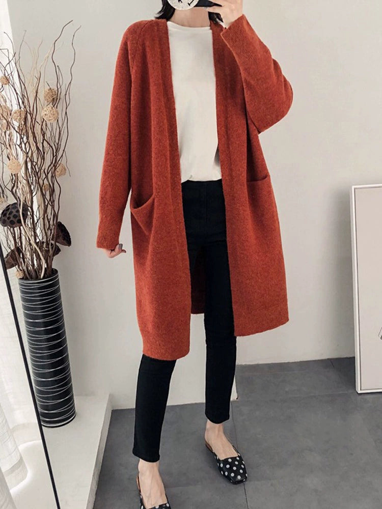 Solid Knit cardigan Women clothes 2023 Spring and Autumn New Mid-Length over-the-Knee Loose Sweater Outerwear Thickened Outdoor