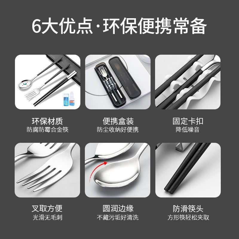 Portable Tableware Food Grade Stainless Steel Chopsticks Spoon Set Student Three-Piece Storage Box One Person Bento