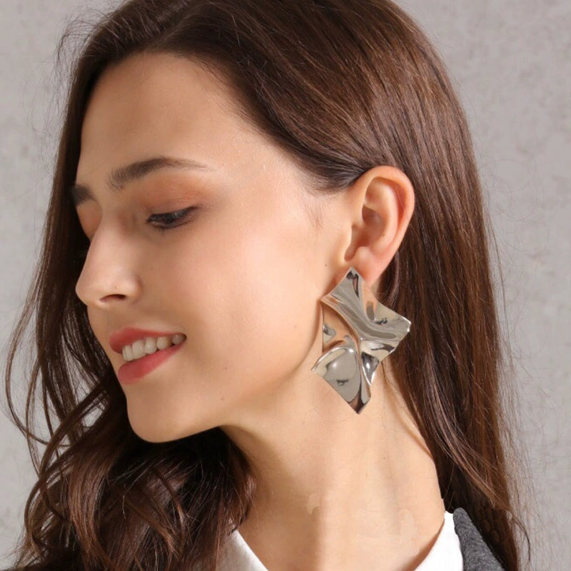 Xi Mengyao Same Style Metal Exaggerated Earring Ear Clip Silver Needle